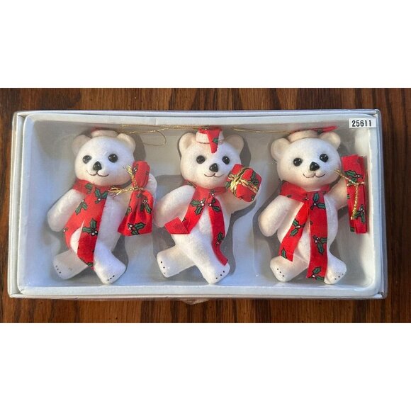 Lot Of 3 Flocked Plastic White Teddy Bears Christmas Ornaments 3.5” - Picture 2 of 3